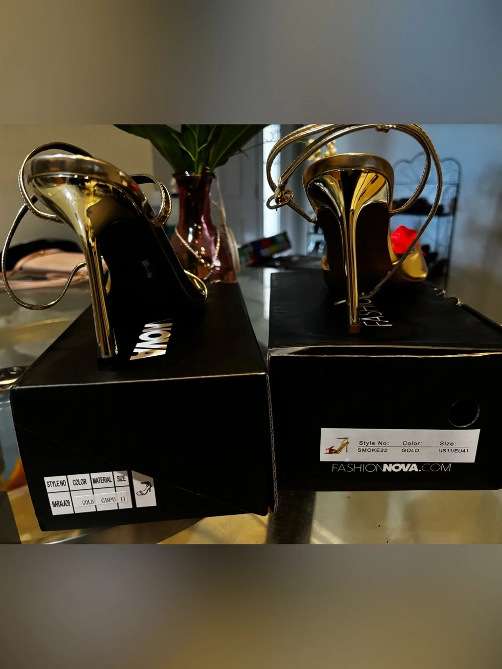 Fashion Nova Metallic Gold Slingback Heels with Red Bow